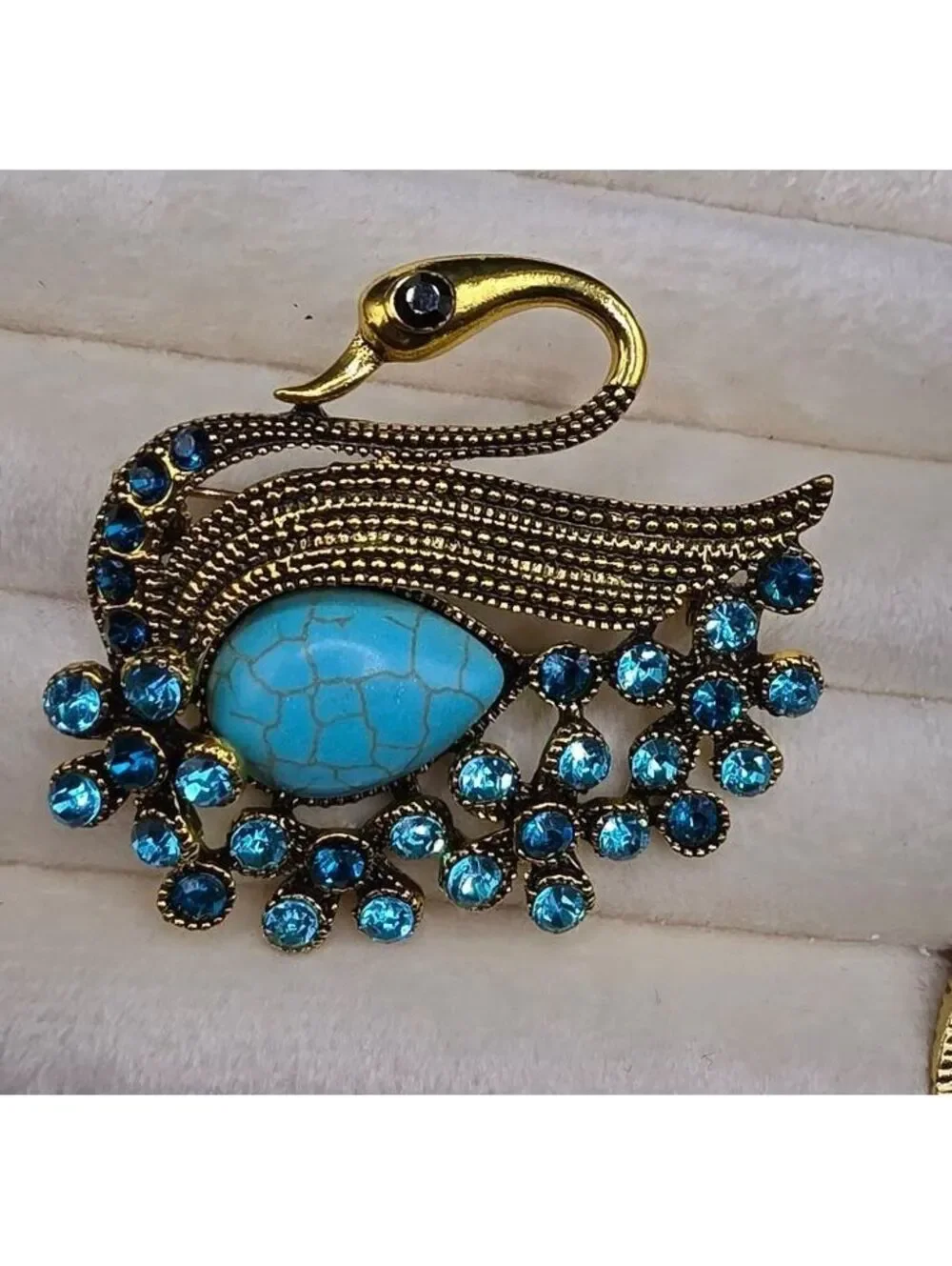 Vintage Style Swan Brooch with Resin Turquoise & Blue Rhinestones Golden Plated